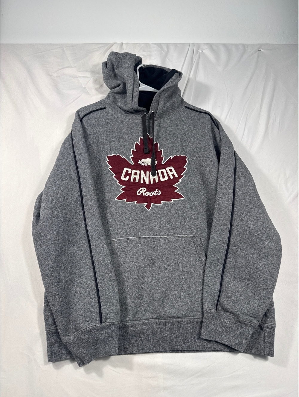 Roots Canada Grey Hoodie with Maroon Maple Leaf Logo